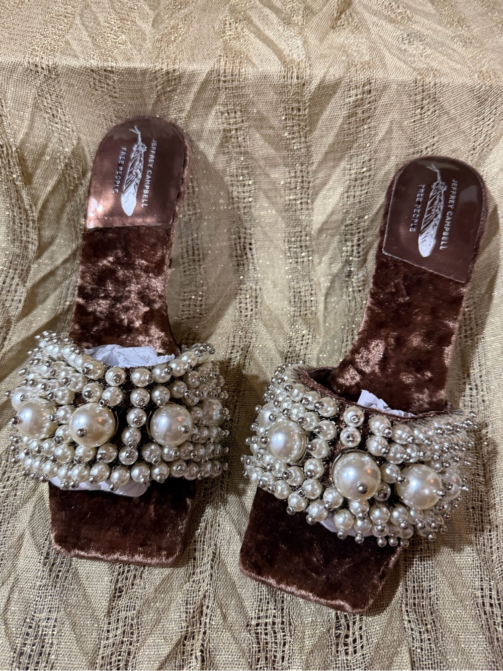Jeffrey Campbell Portia Brown Velvet Pearl-Embellished Slide Mules. New 7